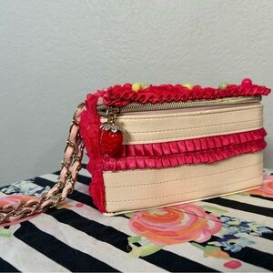 Betsey Johnson “Let Them Eat Cake” cake slice Wristlet with Strawberry Charm